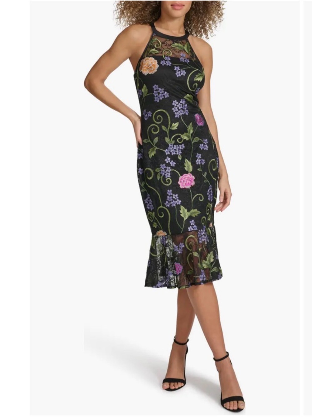 💗 Siena- Floral Lace Halter Midi Dress in Black- Size 6